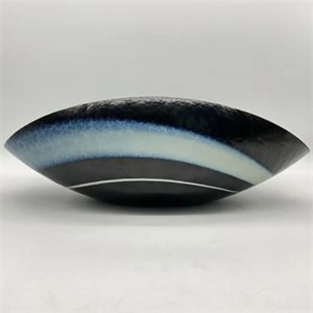 Murano Italy Art Glass Bowl Iridescent Swirl Centerpiece Blue Black Gold Wave